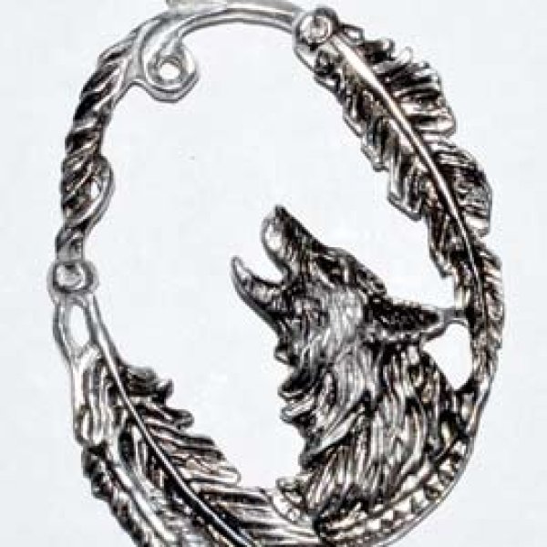 Wolf with Feathers amulet 3 1/4"