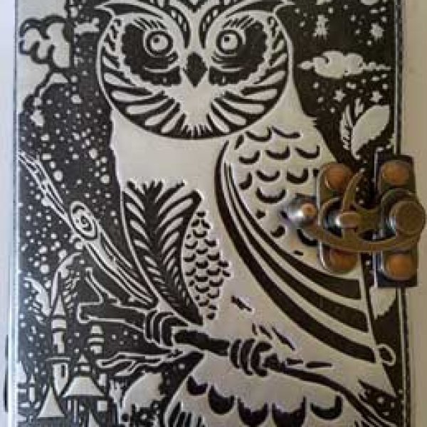 black/ silver Owl leather blank book w/ latch