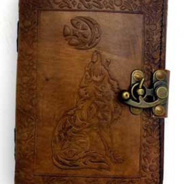 Celtic Wolf & Moon leather blank book w/ latch