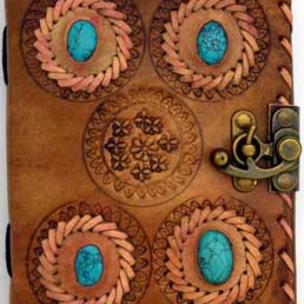4 Turquoise Stones leather blank book w/ latch