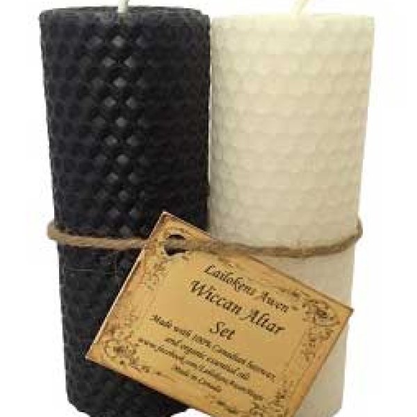 4 1/4" Wiccan Altar set black & white Lailokens Awen candle