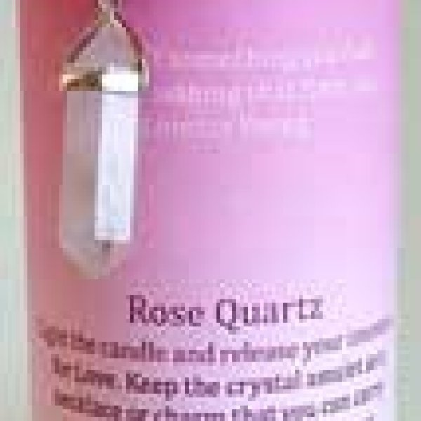 Love pillar candle with Rose Quartz pendant