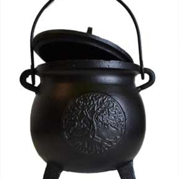 6" Tree of Life cast iron cauldron w/ lid