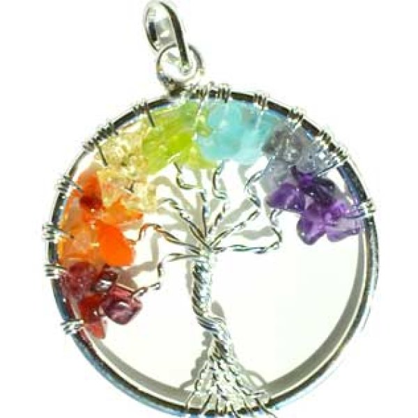 7 Chakra Tree of Life pendant silver tone