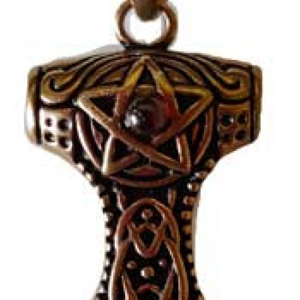 Thors Hammer with Pentacle & Accent Cabochon: Bronze