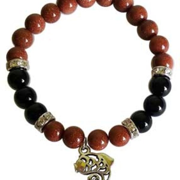 8mm Gold Sandstone (synthetic)/ Black Onyx with Fish bracelet