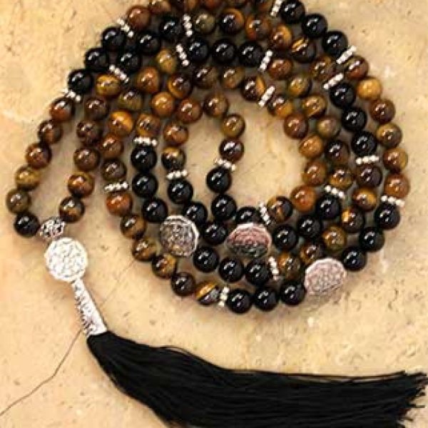 Tiger Eye & Black Agate Buddhist Wheel elastic mala