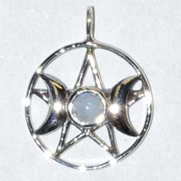 Triple Goddess Pentagram Moonstone sterling 11/16"