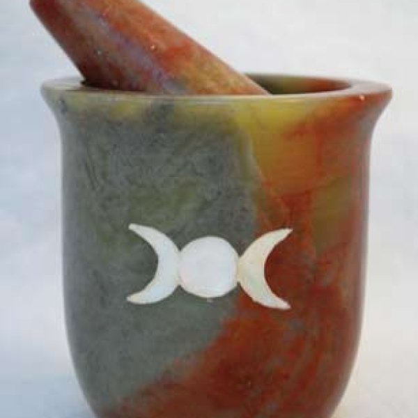 Pearl Inlaid Triple Moon Soapstone mortar & pestle set