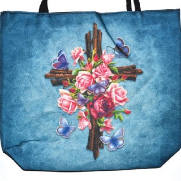 14" x 16" Cross with Rose jute tote bag