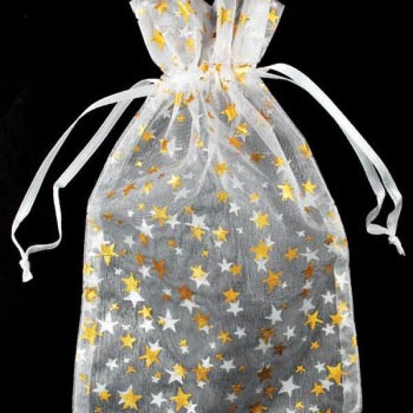 4" x 5" White organza pouch w/ Gold Stars