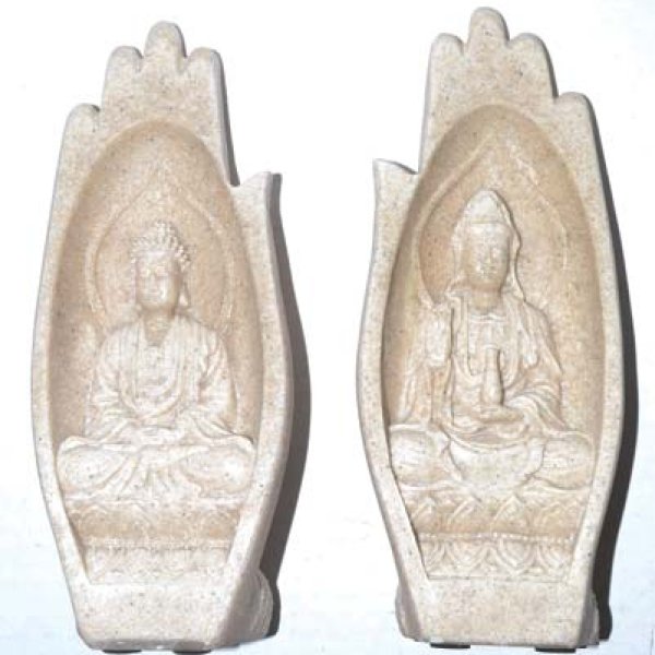 5" Serenity Hand (Buddha & Kwin Yin) sandstone & resin